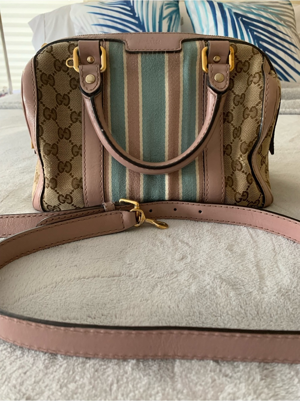 Gucci Pink Trim GG Canvas Satchel with Blue and Cream Stripes - Picture 2 of 6